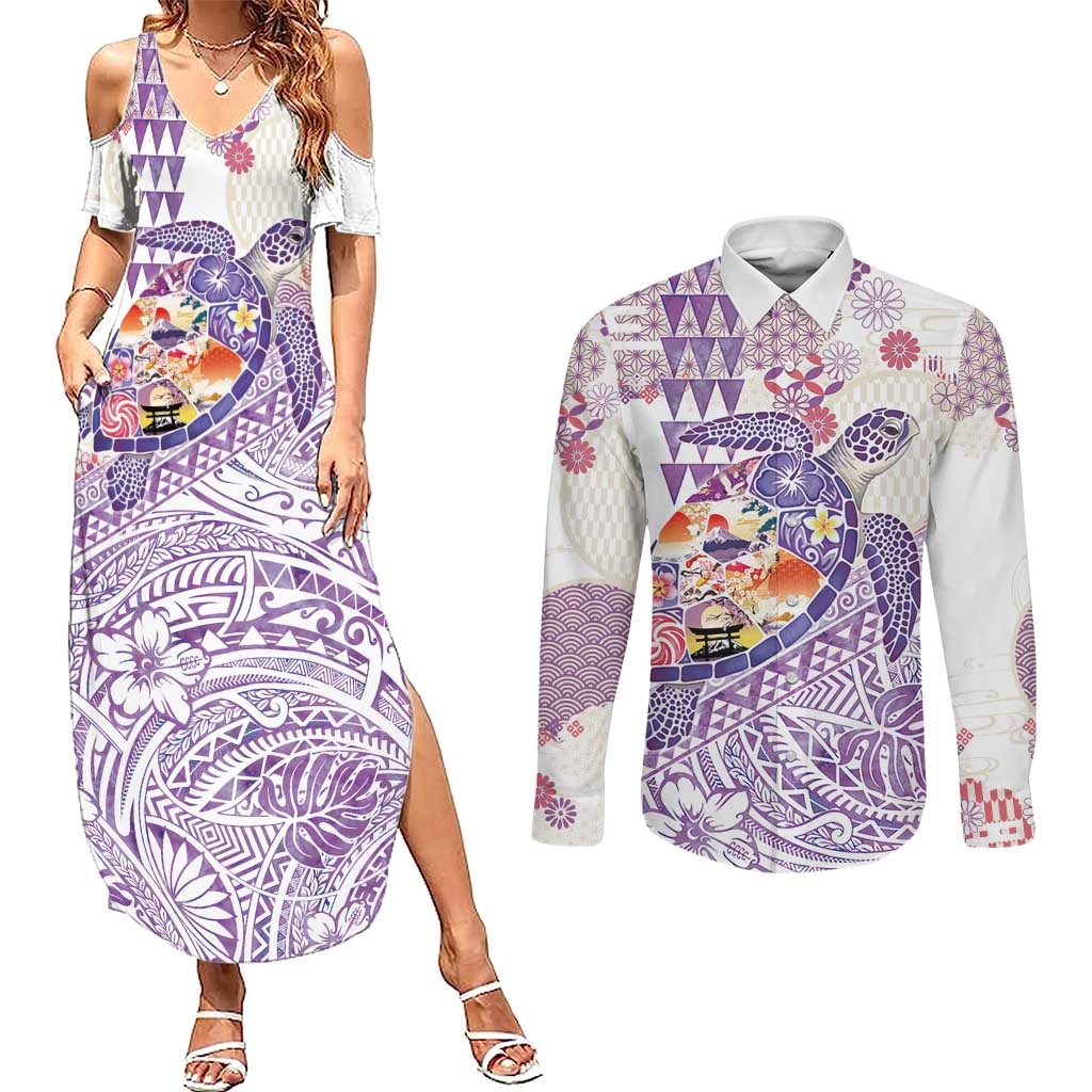 Hawaiian and Japanese Culture Together Couples Matching Summer Maxi Dress and Long Sleeve Button Shirt Tropical Honu with Japanese Elements Purple Color