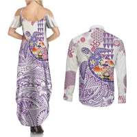 Hawaiian and Japanese Culture Together Couples Matching Summer Maxi Dress and Long Sleeve Button Shirt Tropical Honu with Japanese Elements Purple Color LT03 - Polynesian Pride
