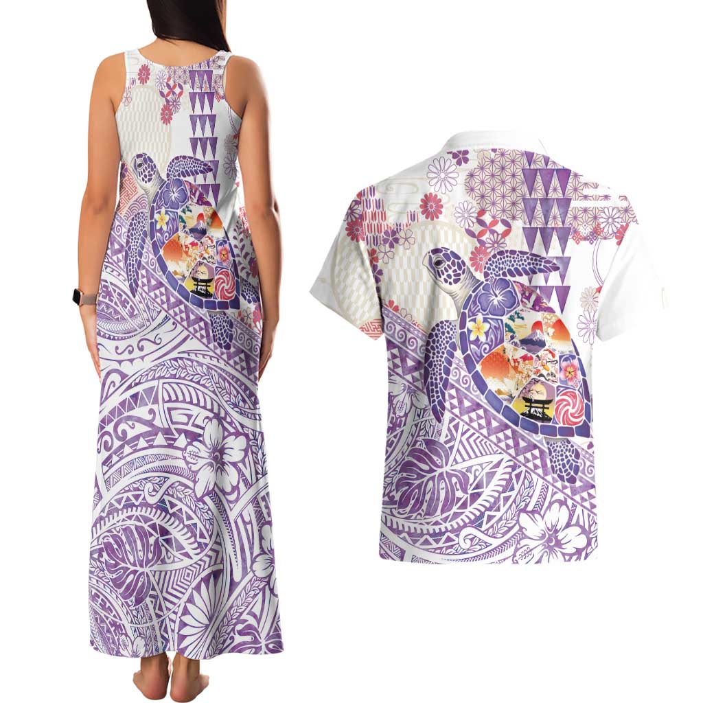 Hawaiian and Japanese Culture Together Couples Matching Tank Maxi Dress and Hawaiian Shirt Tropical Honu with Japanese Elements Purple Color LT03 - Polynesian Pride