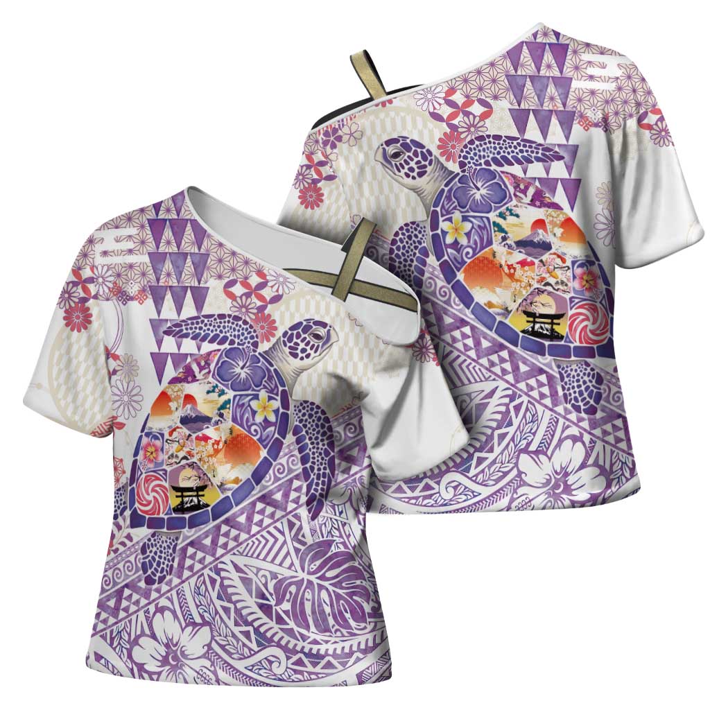 Hawaiian and Japanese Culture Together Cross Shoulder Shirt Tropical Honu with Japanese Elements Purple Color LT03 - Polynesian Pride