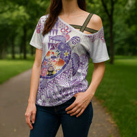Hawaiian and Japanese Culture Together Cross Shoulder Shirt Tropical Honu with Japanese Elements Purple Color LT03 - Polynesian Pride
