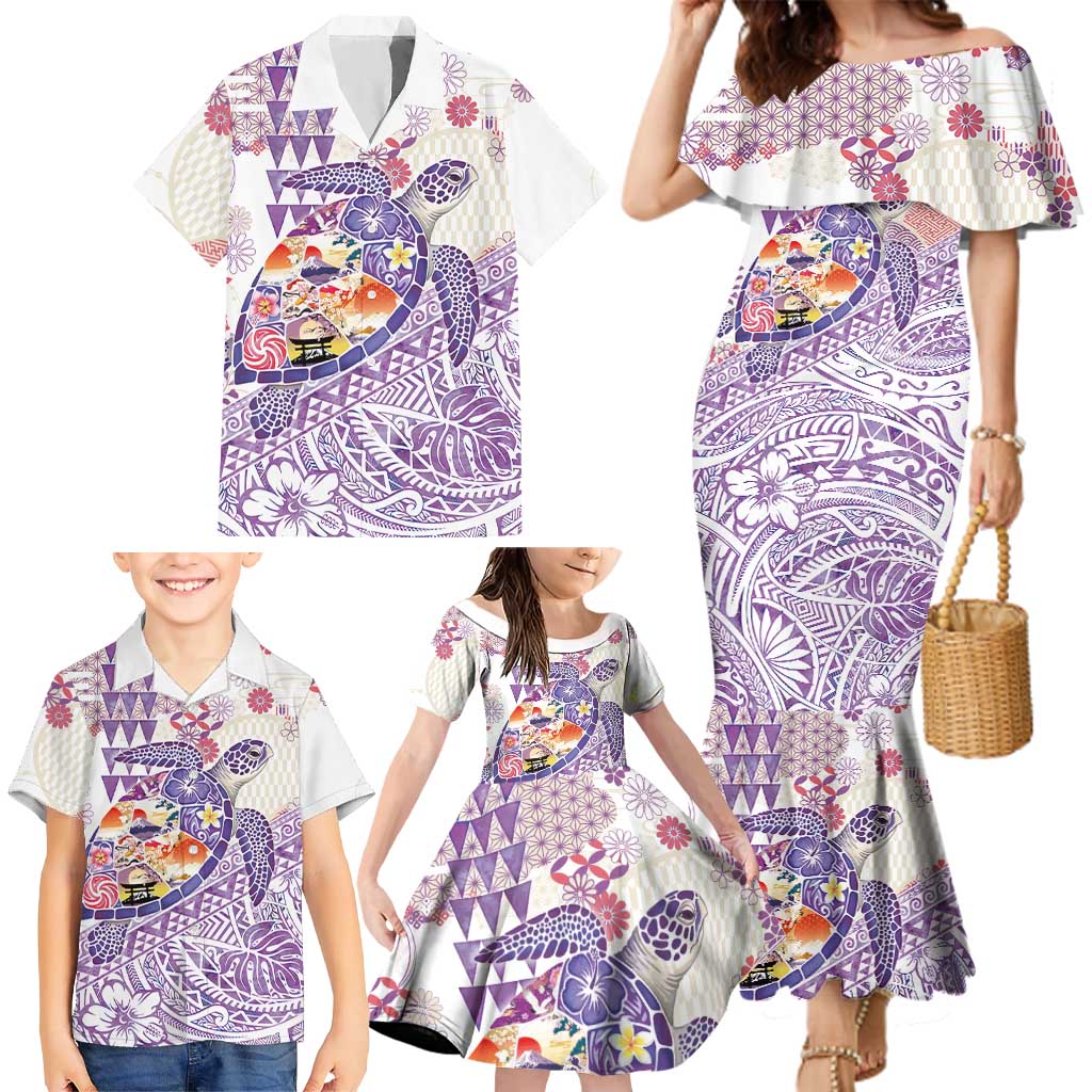 Hawaiian and Japanese Culture Together Family Matching Mermaid Dress and Hawaiian Shirt Tropical Honu with Japanese Elements Purple Color LT03 - Polynesian Pride
