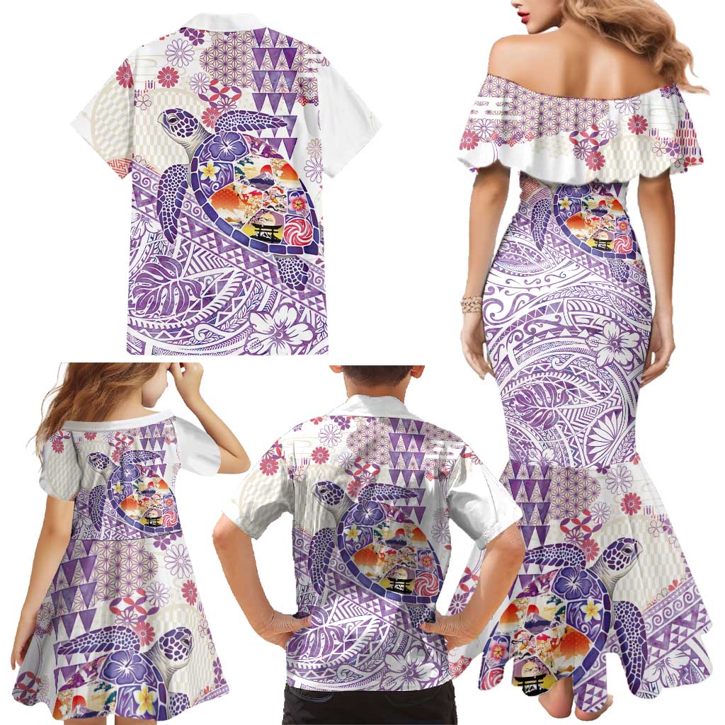 Hawaiian and Japanese Culture Together Family Matching Mermaid Dress and Hawaiian Shirt Tropical Honu with Japanese Elements Purple Color LT03 - Polynesian Pride