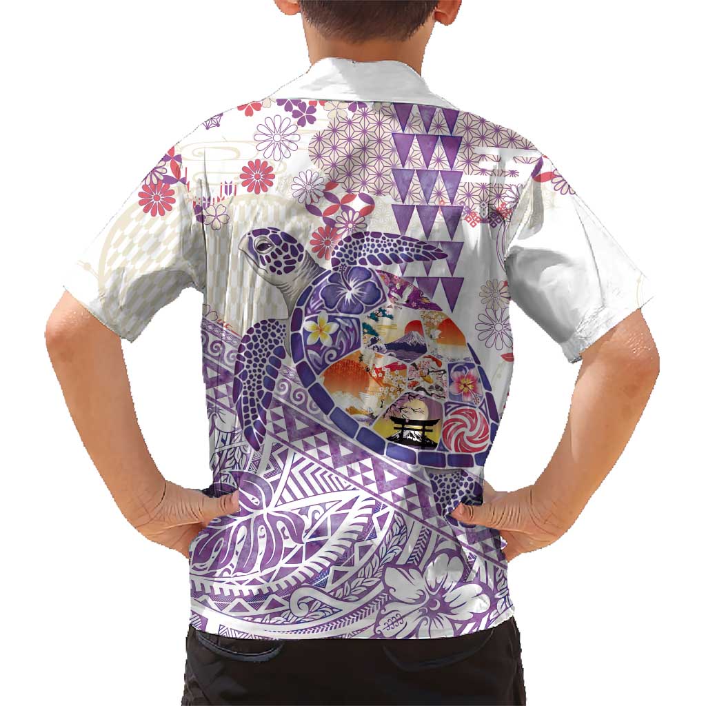 Hawaiian and Japanese Culture Together Family Matching Off The Shoulder Long Sleeve Dress and Hawaiian Shirt Tropical Honu with Japanese Elements Purple Color LT03 - Polynesian Pride
