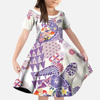 Hawaiian and Japanese Culture Together Family Matching Off The Shoulder Long Sleeve Dress and Hawaiian Shirt Tropical Honu with Japanese Elements Purple Color LT03 Daughter's Dress Purple - Polynesian Pride
