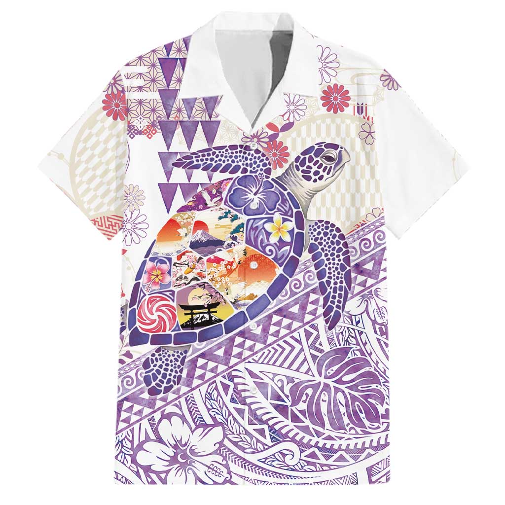 Hawaiian and Japanese Culture Together Family Matching Off Shoulder Short Dress and Hawaiian Shirt Tropical Honu with Japanese Elements Purple Color LT03 Dad's Shirt - Short Sleeve Purple - Polynesian Pride