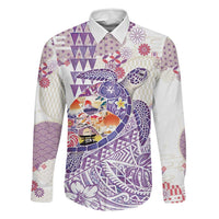 Hawaiian and Japanese Culture Together Family Matching Tank Maxi Dress and Hawaiian Shirt Tropical Honu with Japanese Elements Purple Color LT03 Dad's Shirt - Long Sleeve Purple - Polynesian Pride