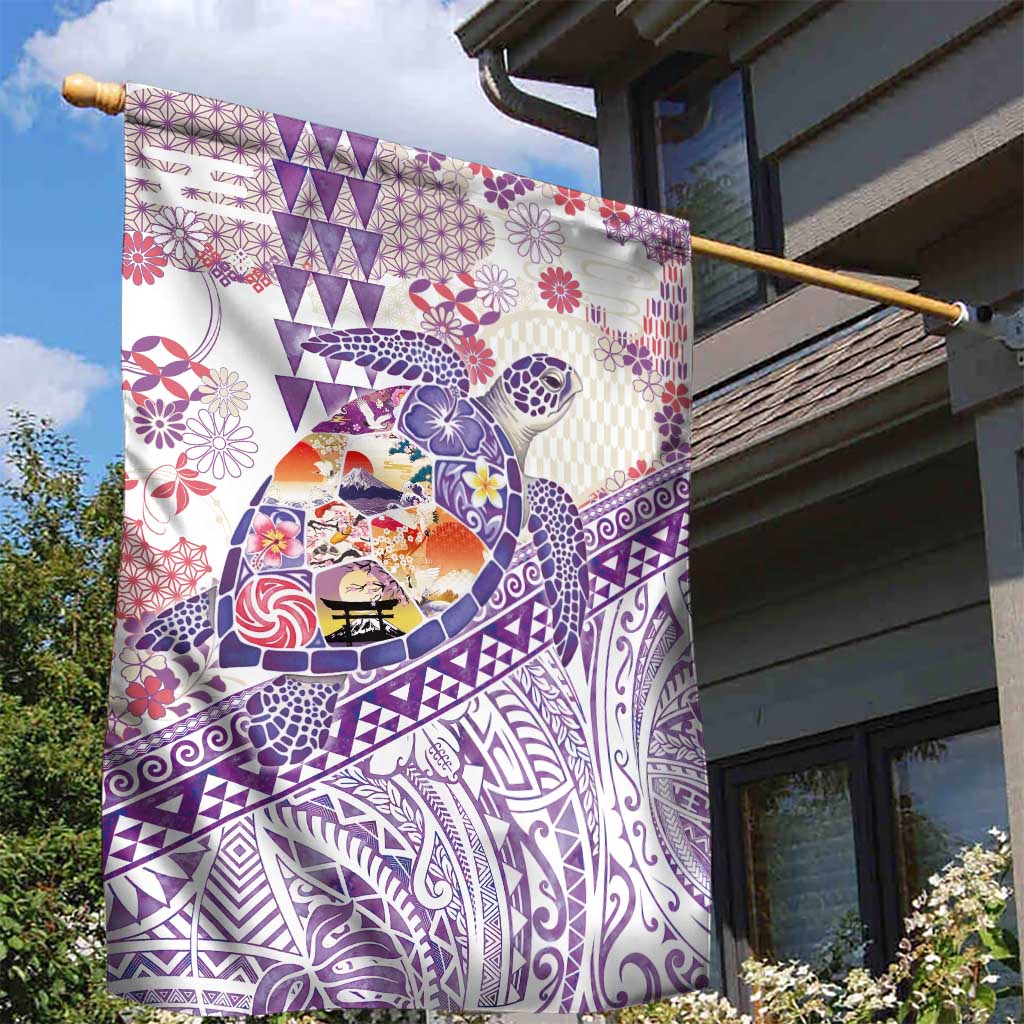 Hawaiian and Japanese Culture Together Garden Flag Tropical Honu with Japanese Elements Purple Color