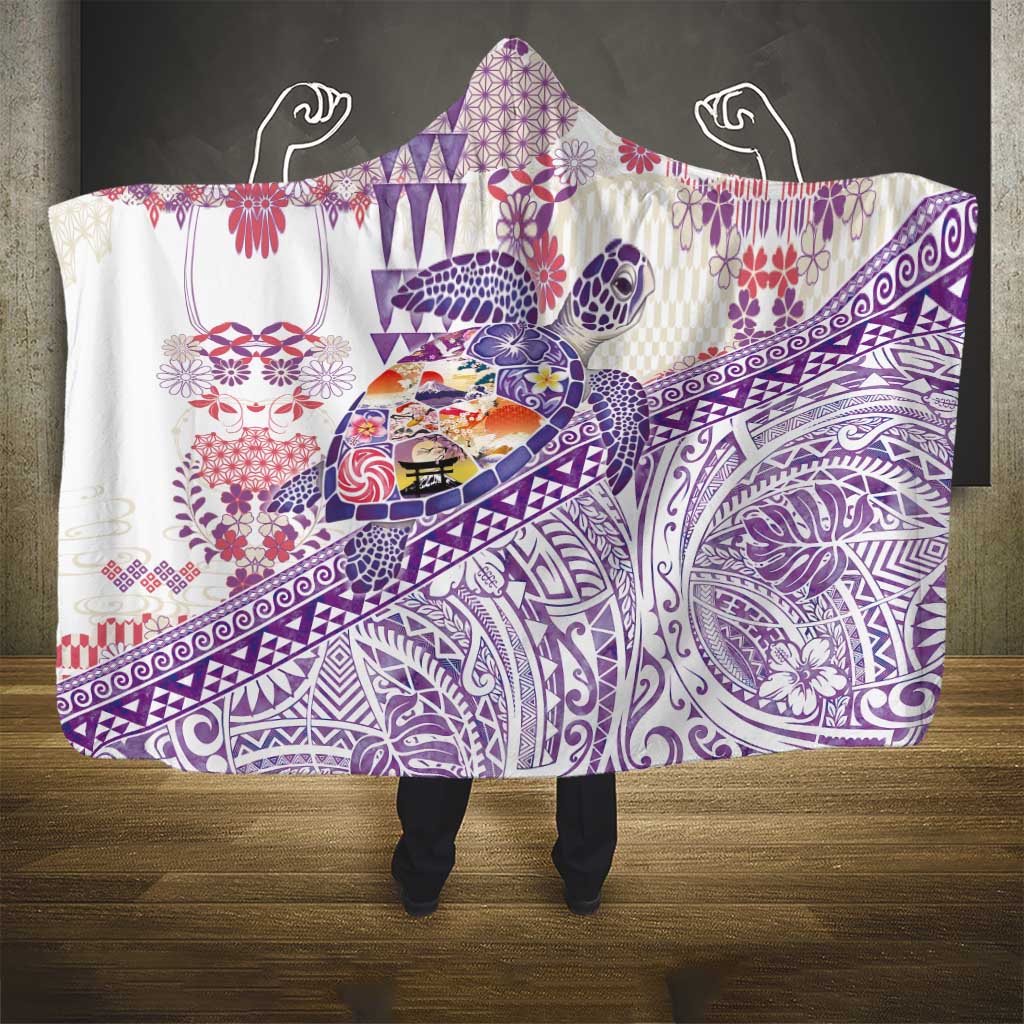 Hawaiian and Japanese Culture Together Hooded Blanket Tropical Honu with Japanese Elements Purple Color LT03 - Polynesian Pride