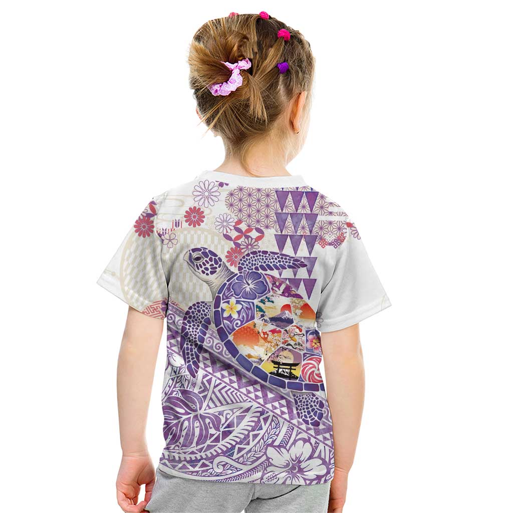 Hawaiian and Japanese Culture Together Kid T Shirt Tropical Honu with Japanese Elements Purple Color LT03 - Polynesian Pride