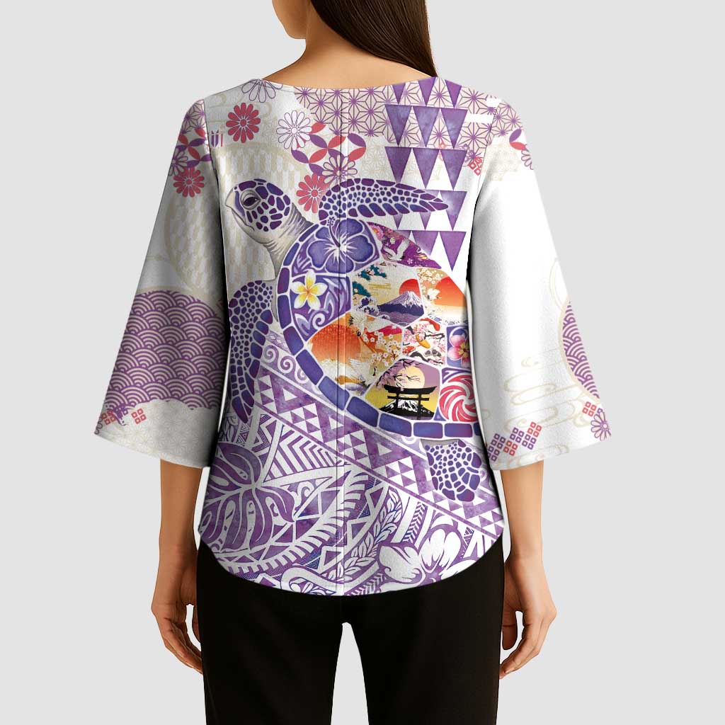 Hawaiian and Japanese Culture Together Kimono Sleeve Blouse Tropical Honu with Japanese Elements Purple Color LT03 - Polynesian Pride