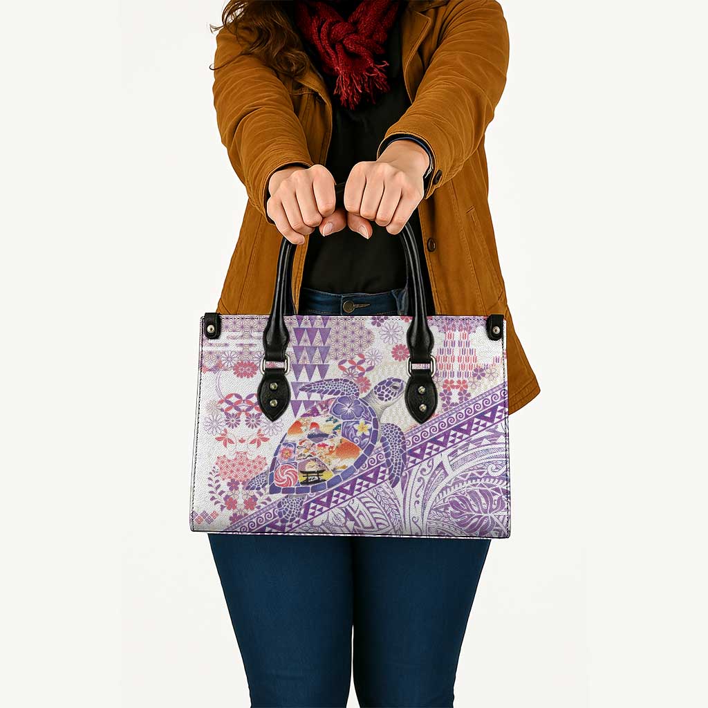 Hawaiian and Japanese Culture Together Leather Bag Tropical Honu with Japanese Elements Purple Color LT03 - Polynesian Pride