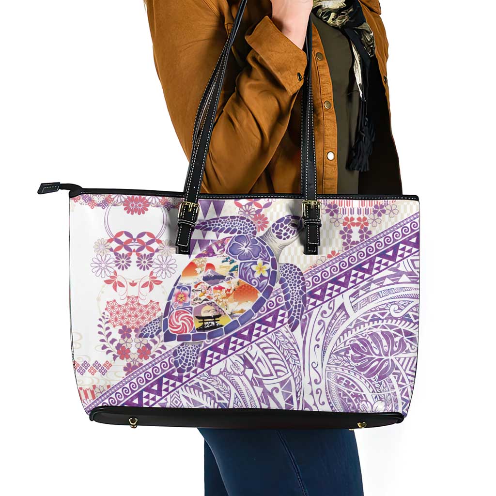 Hawaiian and Japanese Culture Together Leather Tote Bag Tropical Honu with Japanese Elements Purple Color LT03 - Polynesian Pride