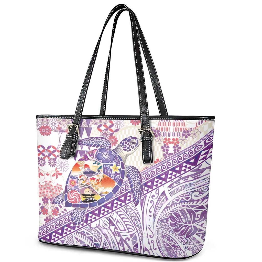 Hawaiian and Japanese Culture Together Leather Tote Bag Tropical Honu with Japanese Elements Purple Color LT03 - Polynesian Pride