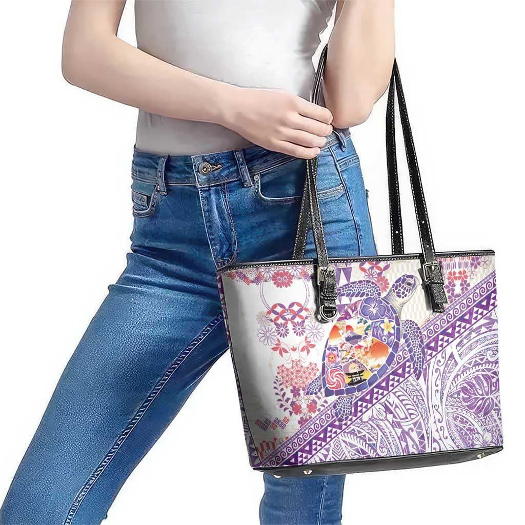 Hawaiian and Japanese Culture Together Leather Tote Bag Tropical Honu with Japanese Elements Purple Color LT03 - Polynesian Pride