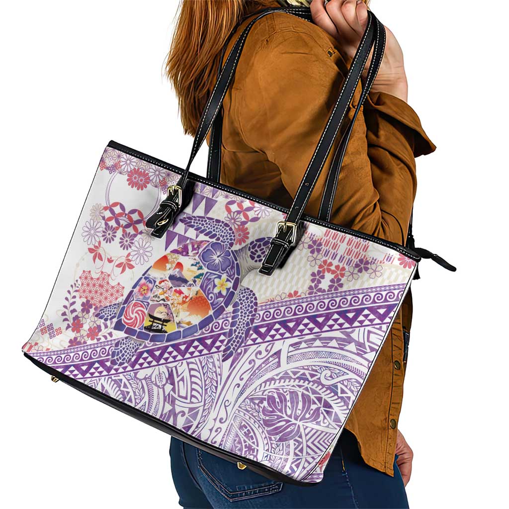 Hawaiian and Japanese Culture Together Leather Tote Bag Tropical Honu with Japanese Elements Purple Color LT03 - Polynesian Pride