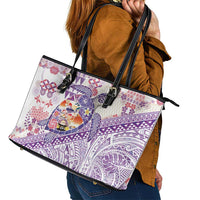 Hawaiian and Japanese Culture Together Leather Tote Bag Tropical Honu with Japanese Elements Purple Color LT03 - Polynesian Pride