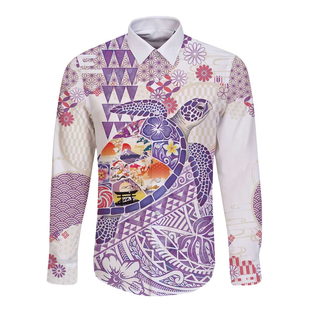 Hawaiian and Japanese Culture Together Long Sleeve Button Shirt Tropical Honu with Japanese Elements Purple Color LT03 Unisex Purple - Polynesian Pride