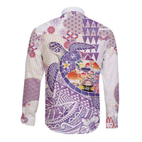 Hawaiian and Japanese Culture Together Long Sleeve Button Shirt Tropical Honu with Japanese Elements Purple Color LT03 - Polynesian Pride