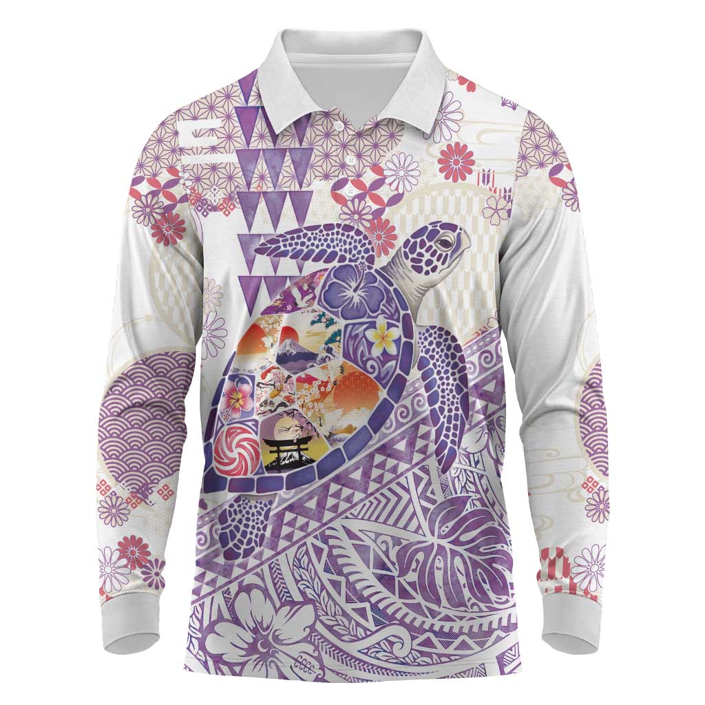 Hawaiian and Japanese Culture Together Long Sleeve Polo Shirt Tropical Honu with Japanese Elements Purple Color