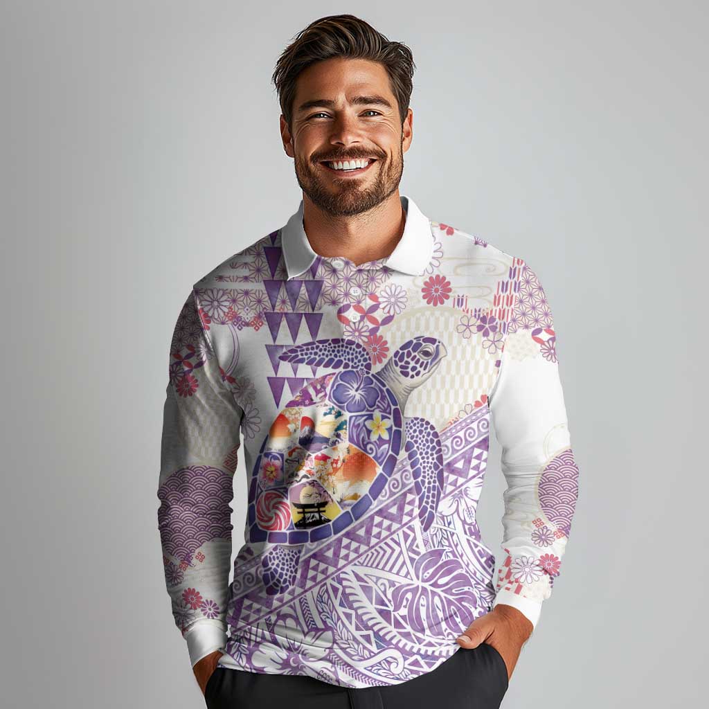 Hawaiian and Japanese Culture Together Long Sleeve Polo Shirt Tropical Honu with Japanese Elements Purple Color LT03 - Polynesian Pride