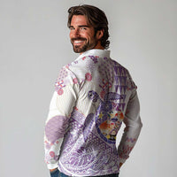 Hawaiian and Japanese Culture Together Long Sleeve Polo Shirt Tropical Honu with Japanese Elements Purple Color LT03 - Polynesian Pride
