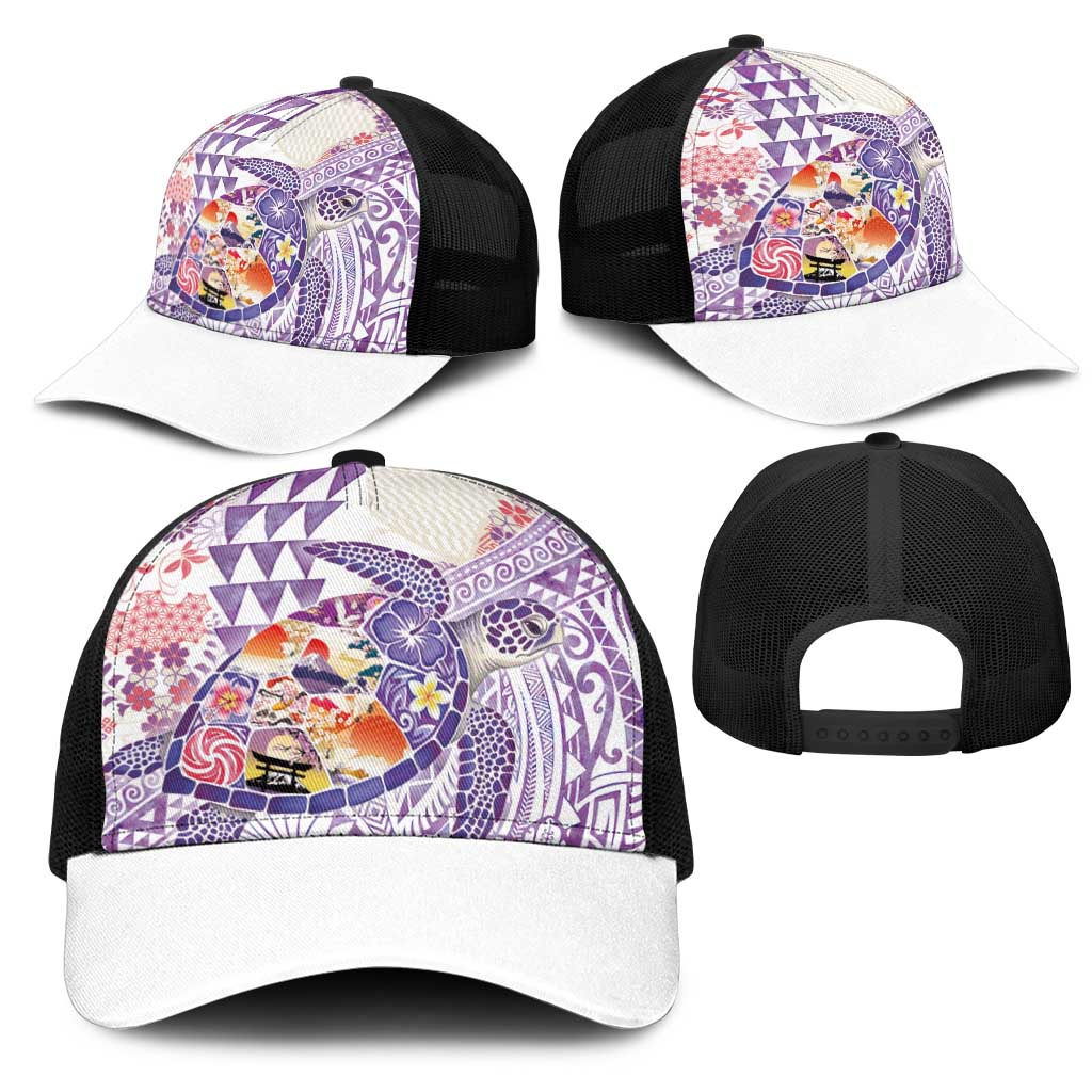 Hawaiian and Japanese Culture Together Mesh Trucker Cap Tropical Honu with Japanese Elements Purple Color LT03 - Polynesian Pride