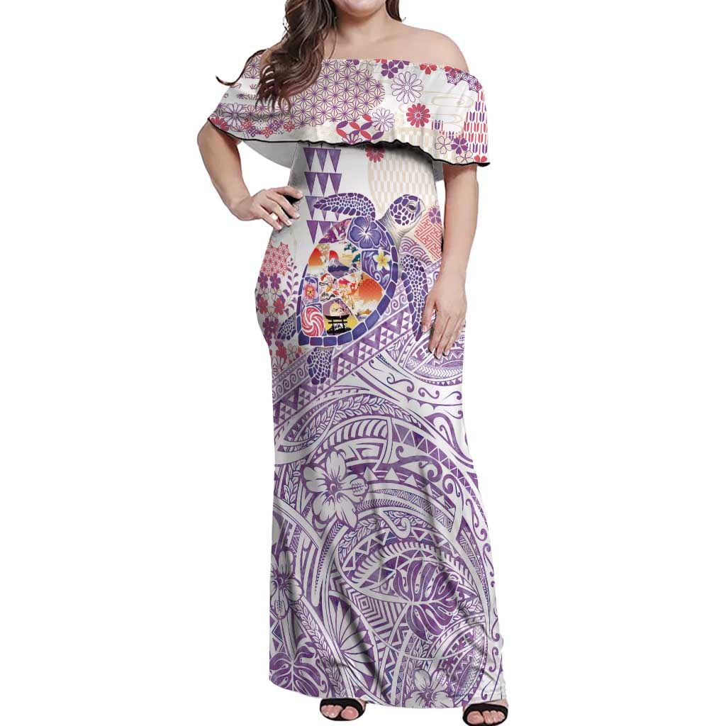 Hawaiian and Japanese Culture Together Off Shoulder Maxi Dress Tropical Honu with Japanese Elements Purple Color LT03 Women Purple - Polynesian Pride