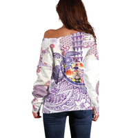 Hawaiian and Japanese Culture Together Off Shoulder Sweater Tropical Honu with Japanese Elements Purple Color LT03 - Polynesian Pride