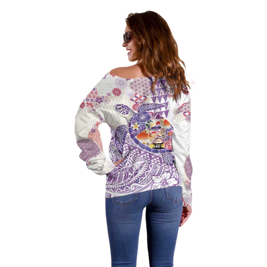 Hawaiian and Japanese Culture Together Off Shoulder Sweater Tropical Honu with Japanese Elements Purple Color LT03 - Polynesian Pride