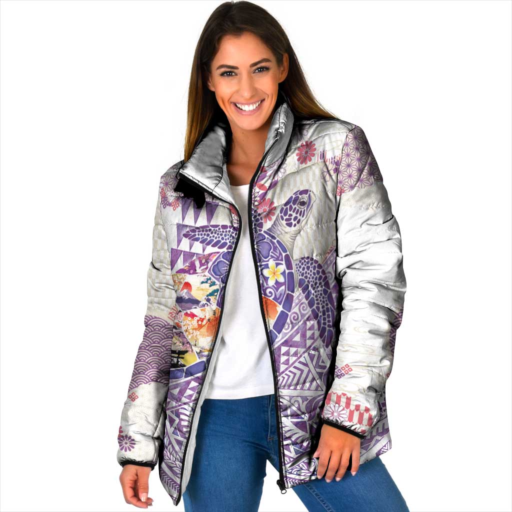 Hawaiian and Japanese Culture Together Padded Jacket Tropical Honu with Japanese Elements Purple Color LT03 Women Purple - Polynesian Pride