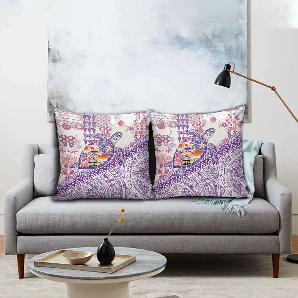 Hawaiian and Japanese Culture Together Pillow Cover Tropical Honu with Japanese Elements Purple Color LT03 - Polynesian Pride
