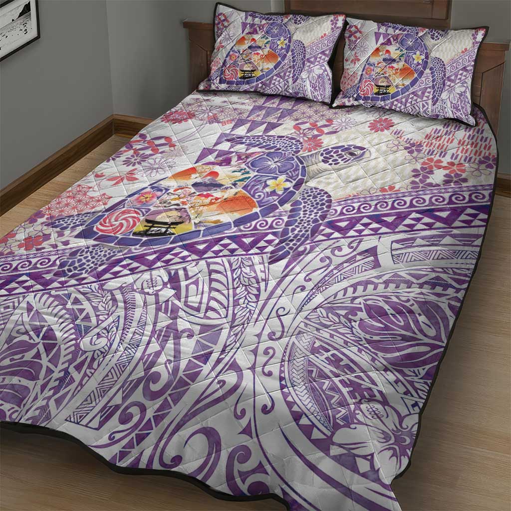 Hawaiian and Japanese Culture Together Quilt Bed Set Tropical Honu with Japanese Elements Purple Color LT03 - Polynesian Pride