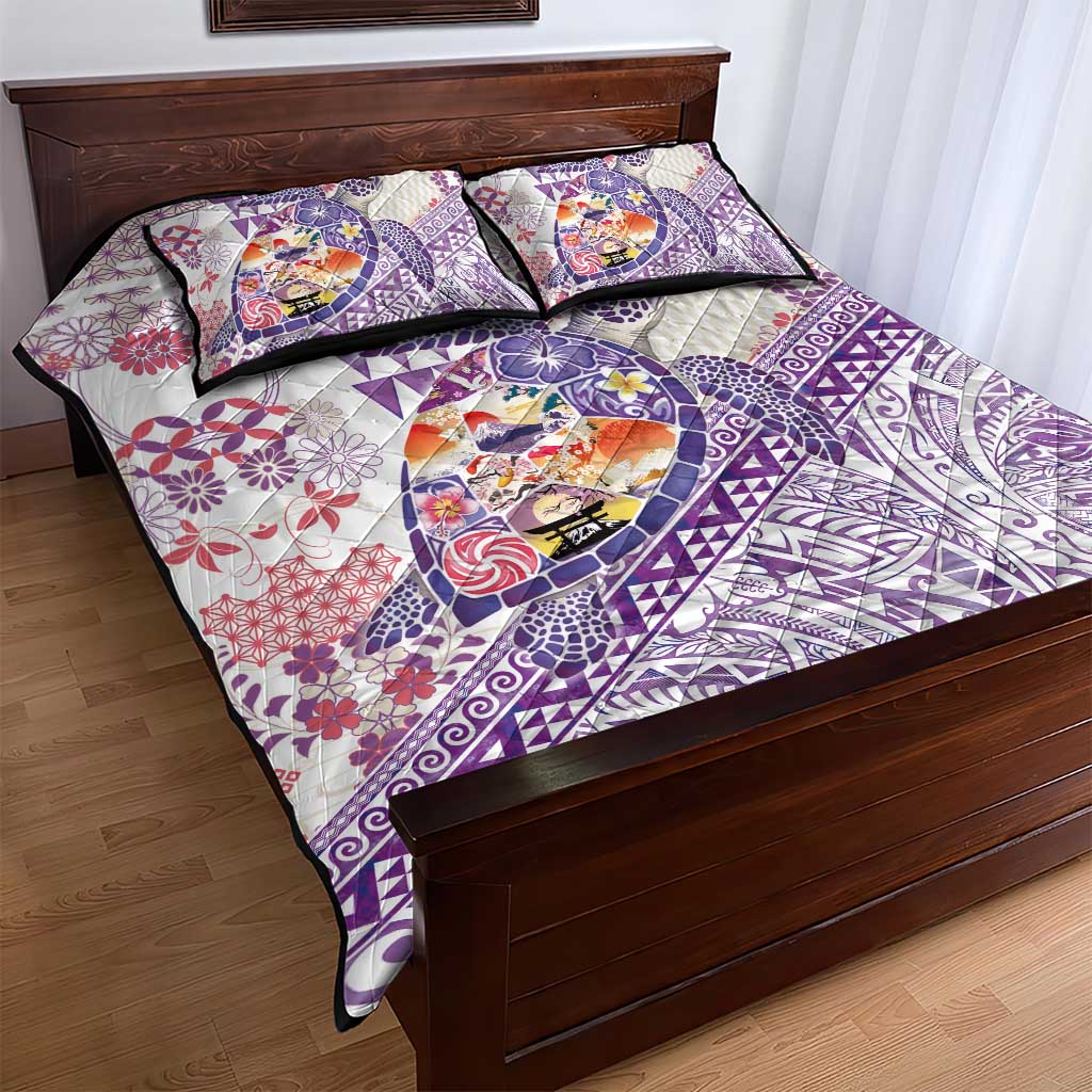 Hawaiian and Japanese Culture Together Quilt Bed Set Tropical Honu with Japanese Elements Purple Color LT03 - Polynesian Pride