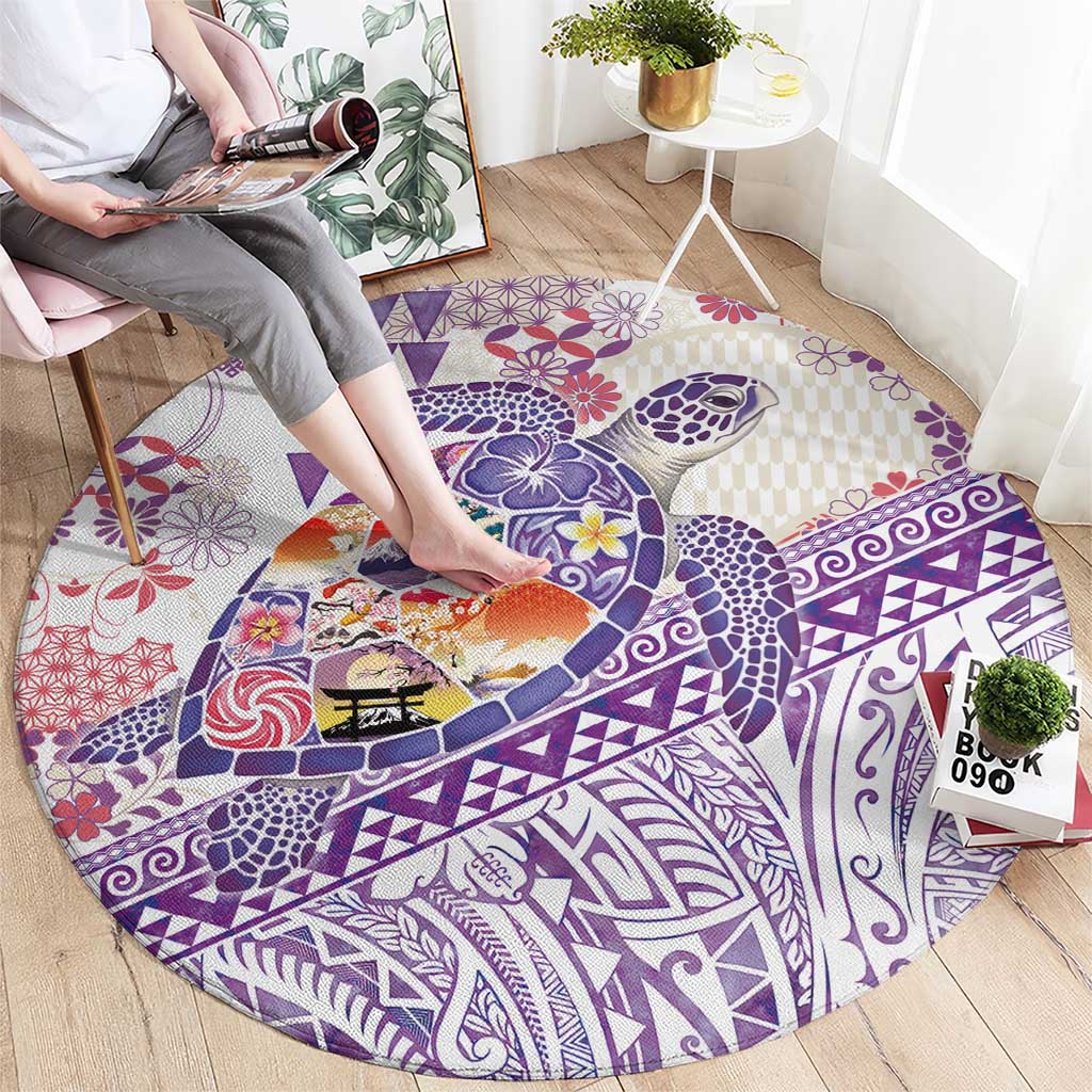 Hawaiian and Japanese Culture Together Round Carpet Tropical Honu with Japanese Elements Purple Color LT03 - Polynesian Pride