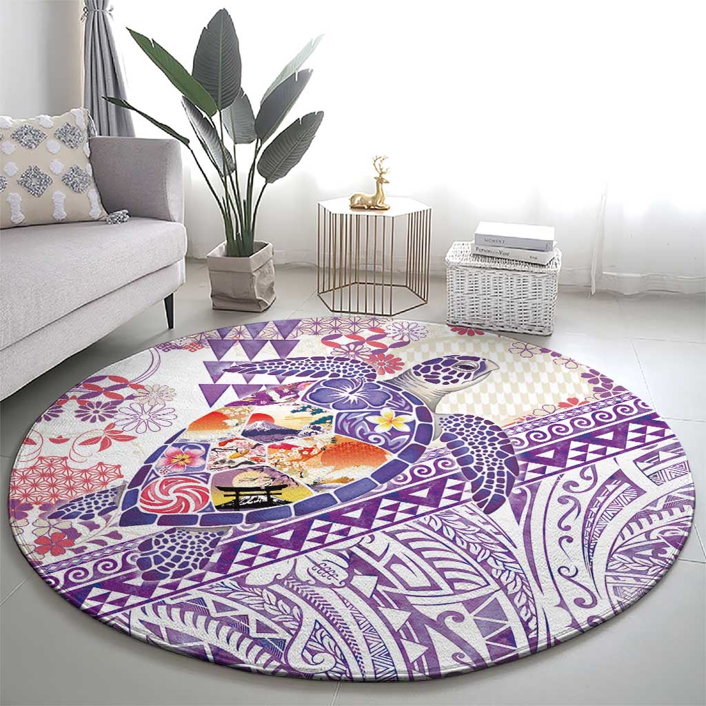 Hawaiian and Japanese Culture Together Round Carpet Tropical Honu with Japanese Elements Purple Color LT03 - Polynesian Pride