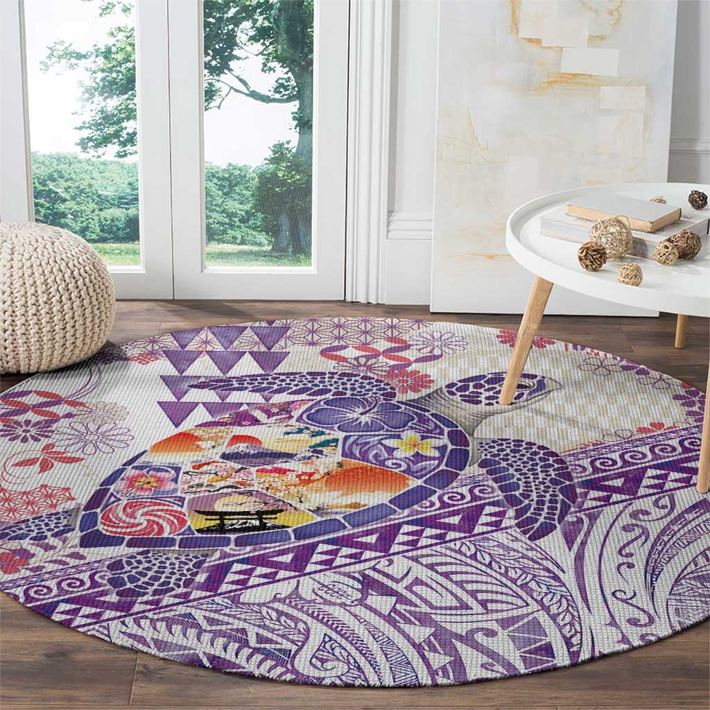 Hawaiian and Japanese Culture Together Round Carpet Tropical Honu with Japanese Elements Purple Color LT03 - Polynesian Pride