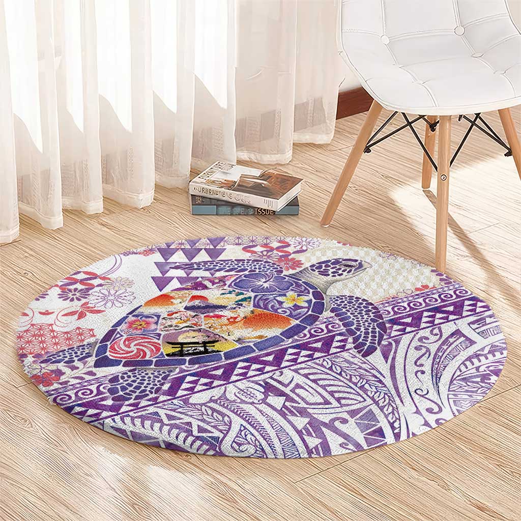 Hawaiian and Japanese Culture Together Round Carpet Tropical Honu with Japanese Elements Purple Color LT03 - Polynesian Pride