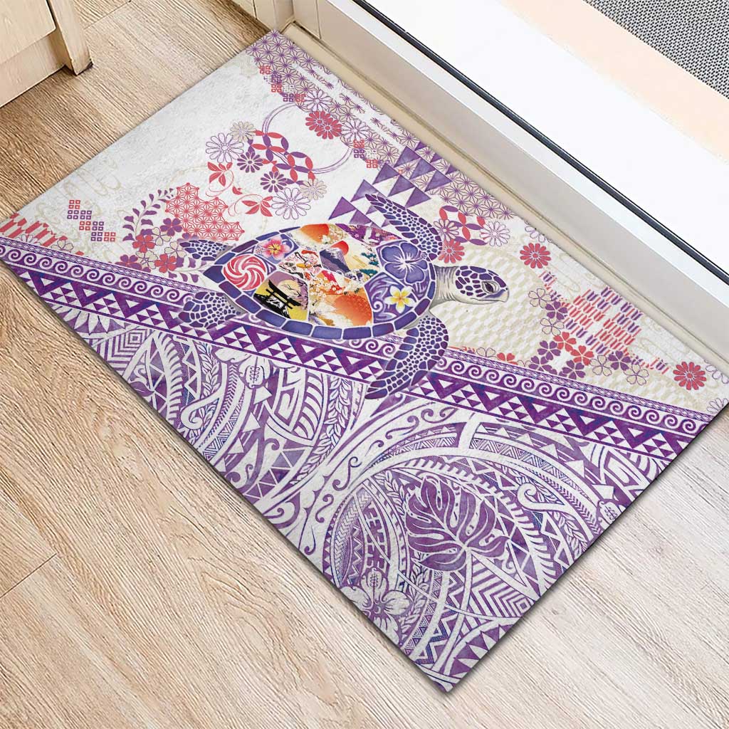 Hawaiian and Japanese Culture Together Rubber Doormat Tropical Honu with Japanese Elements Purple Color LT03 - Polynesian Pride