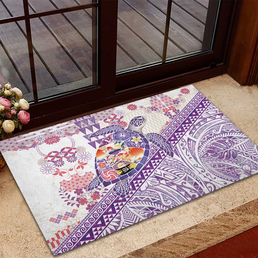 Hawaiian and Japanese Culture Together Rubber Doormat Tropical Honu with Japanese Elements Purple Color LT03 - Polynesian Pride