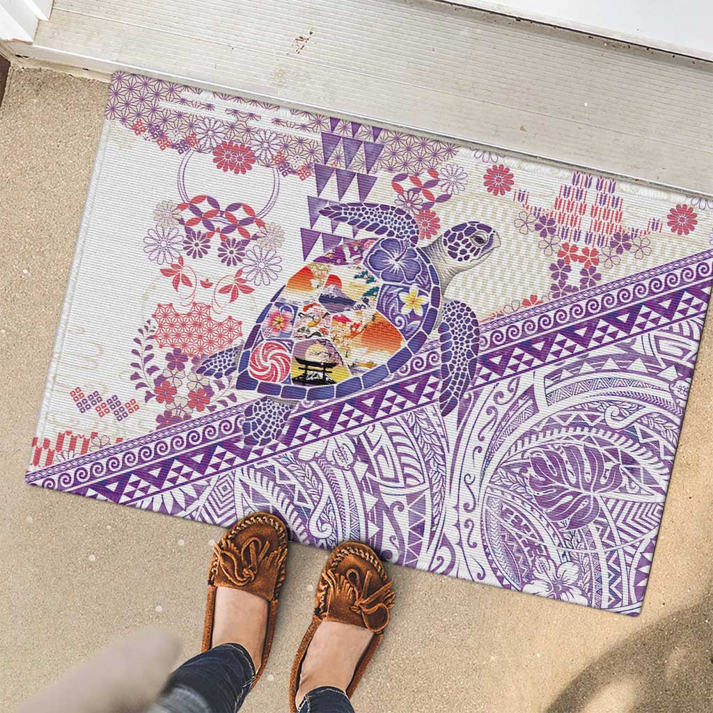 Hawaiian and Japanese Culture Together Rubber Doormat Tropical Honu with Japanese Elements Purple Color LT03 - Polynesian Pride
