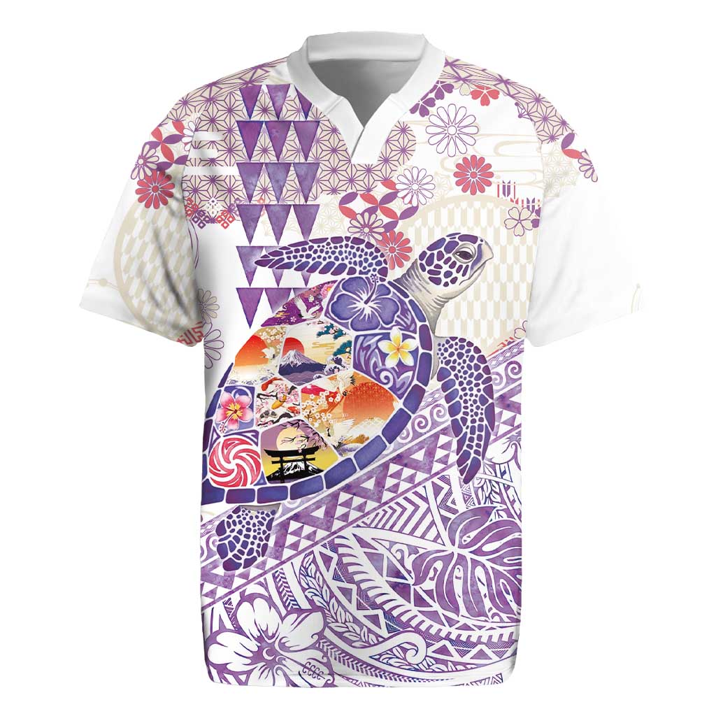 Hawaiian and Japanese Culture Together Rugby Jersey Tropical Honu with Japanese Elements Purple Color LT03 Purple - Polynesian Pride