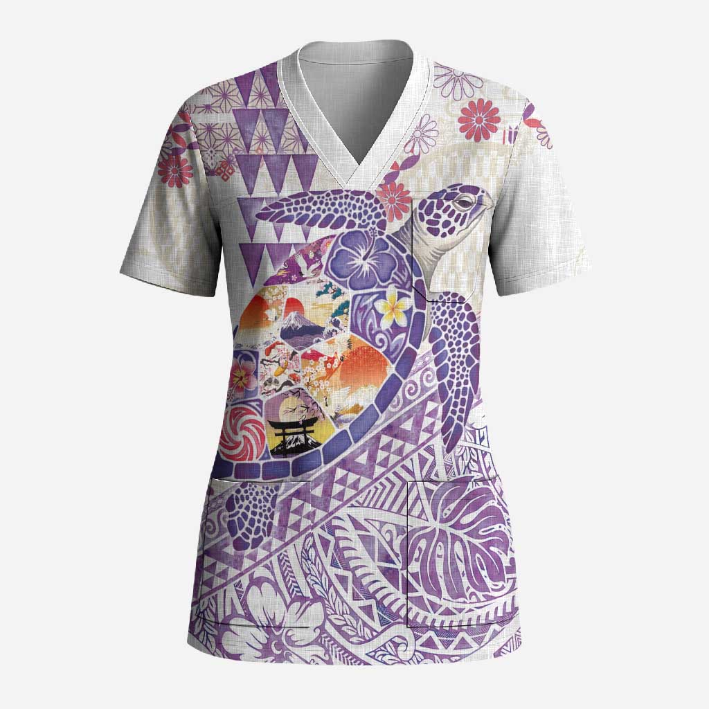 Hawaiian and Japanese Culture Together Scrub Top Tropical Honu with Japanese Elements Purple Color LT03 Adult Purple - Polynesian Pride