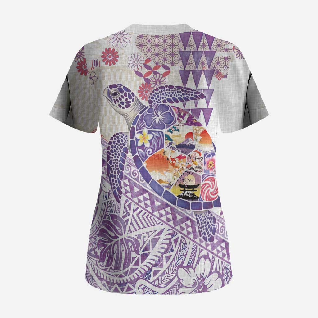 Hawaiian and Japanese Culture Together Scrub Top Tropical Honu with Japanese Elements Purple Color LT03 - Polynesian Pride