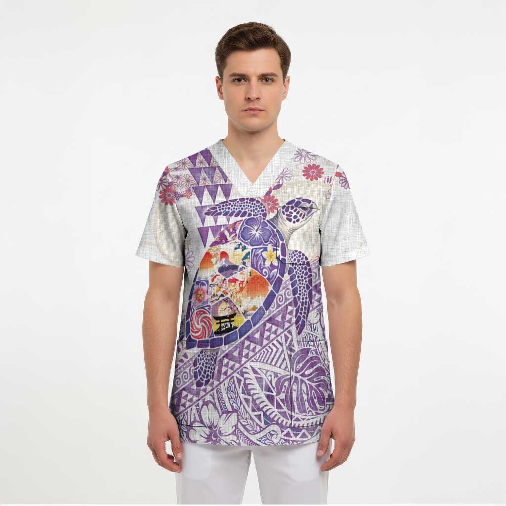 Hawaiian and Japanese Culture Together Scrub Top Tropical Honu with Japanese Elements Purple Color LT03 - Polynesian Pride