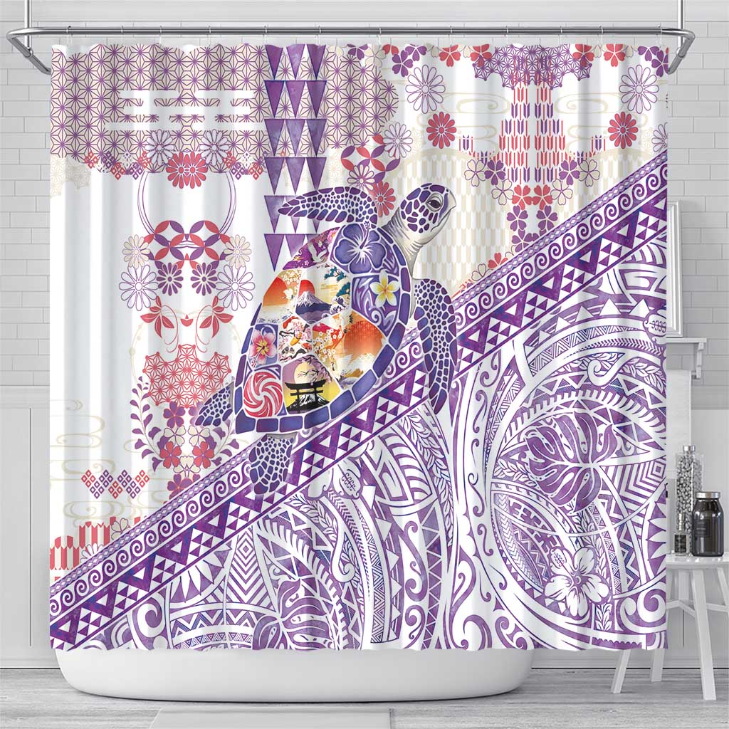 Hawaiian and Japanese Culture Together Shower Curtain Tropical Honu with Japanese Elements Purple Color LT03 - Polynesian Pride