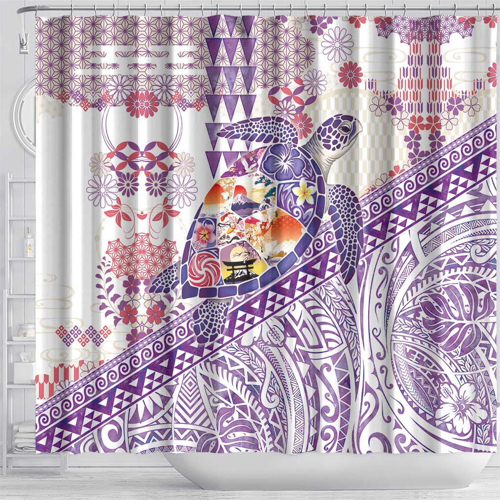 Hawaiian and Japanese Culture Together Shower Curtain Tropical Honu with Japanese Elements Purple Color LT03 - Polynesian Pride