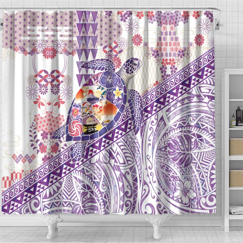 Hawaiian and Japanese Culture Together Shower Curtain Tropical Honu with Japanese Elements Purple Color LT03 - Polynesian Pride