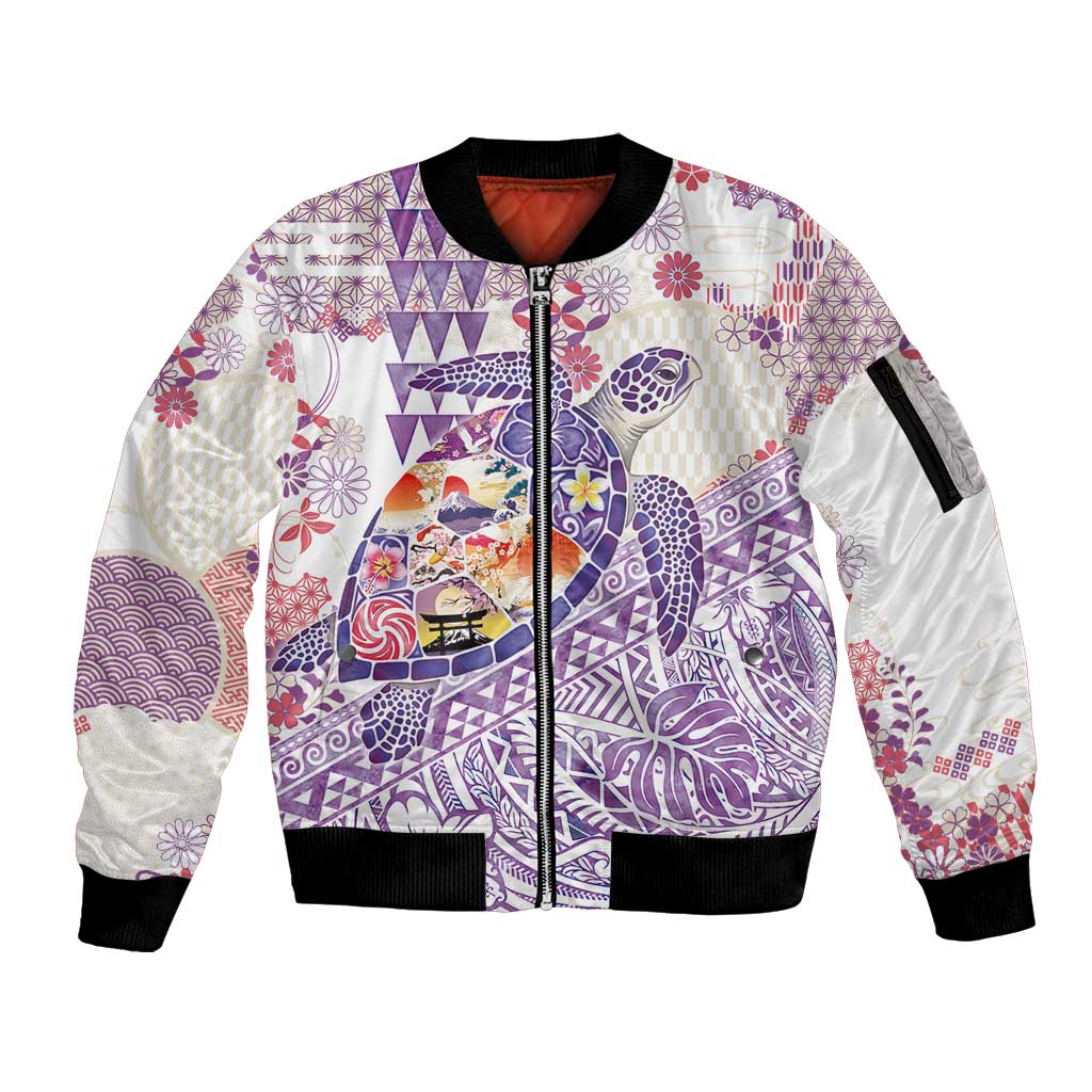 Hawaiian and Japanese Culture Together Sleeve Zip Bomber Jacket Tropical Honu with Japanese Elements Purple Color LT03 Unisex Purple - Polynesian Pride