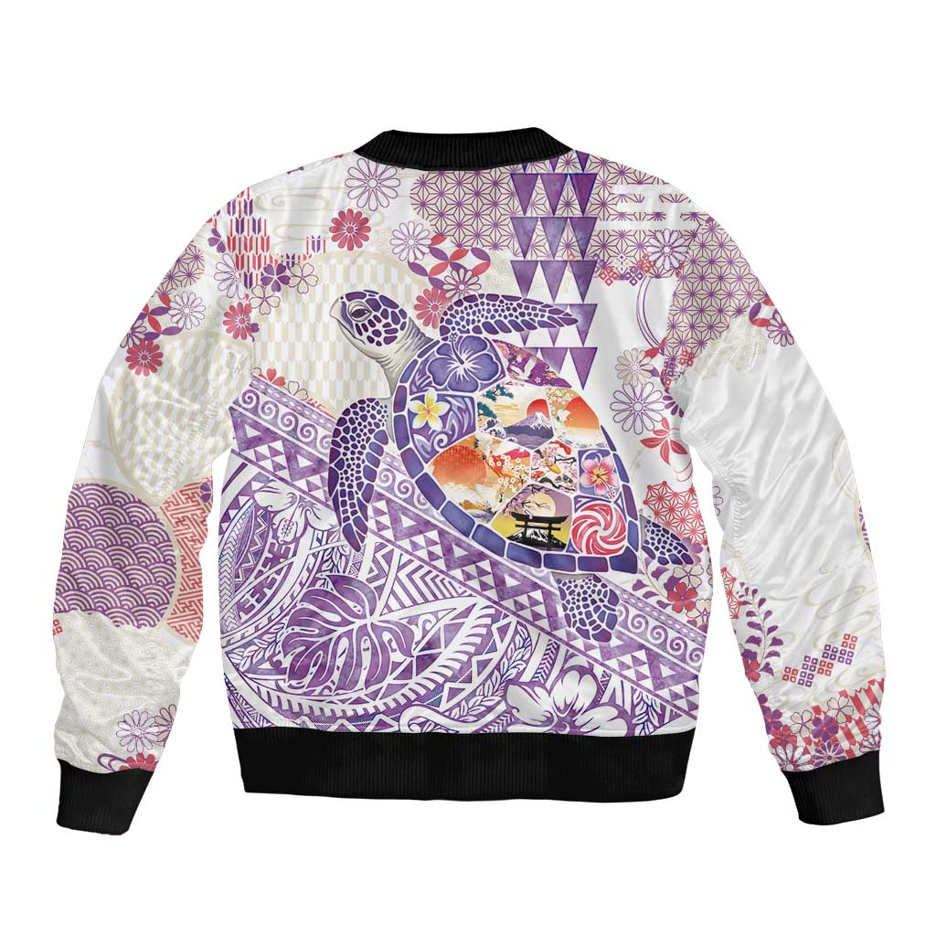 Hawaiian and Japanese Culture Together Sleeve Zip Bomber Jacket Tropical Honu with Japanese Elements Purple Color LT03 - Polynesian Pride